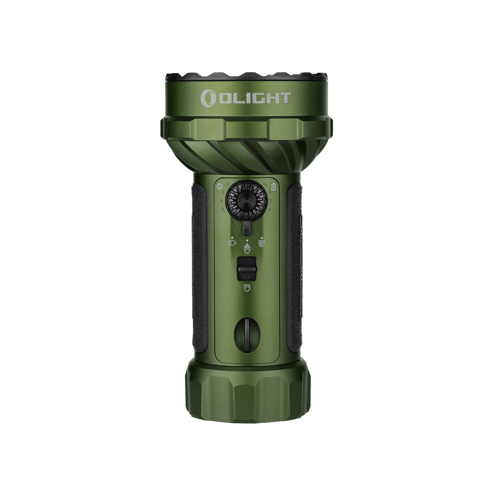 Olight Marauder Mini powerful green LED flashlight with rotary switch knob and toggle switch on white background