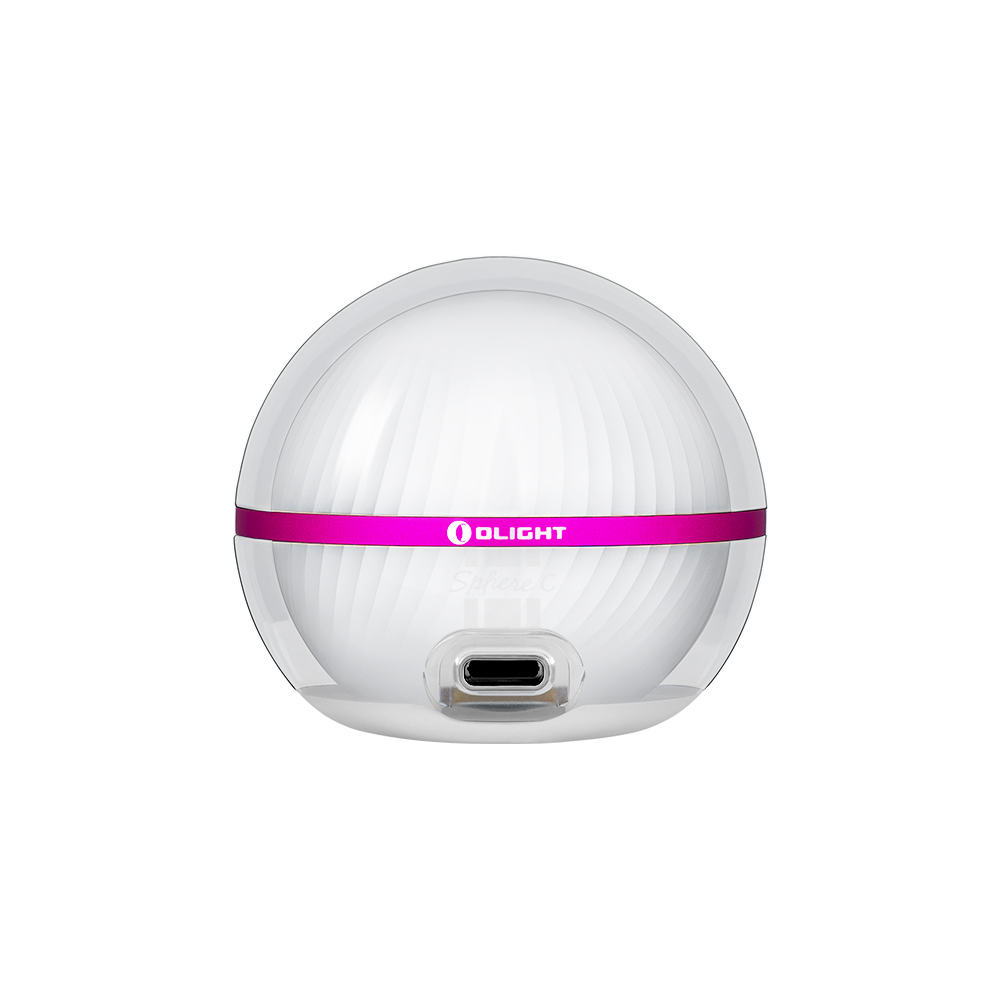Olight Sphere C white spherical portable light with pink accent band and USB-C charging port isolated on white background