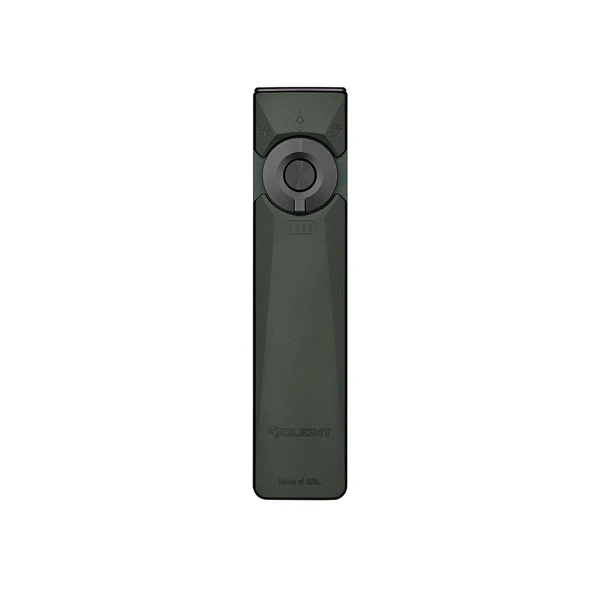 Olight Arkfeld Ultra Flashlight in Military Green, top-down view for EDC and tactical use.