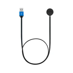 Olight magnetic USB charging cable for flashlights, black cord with blue USB-A plug and round magnetic connector