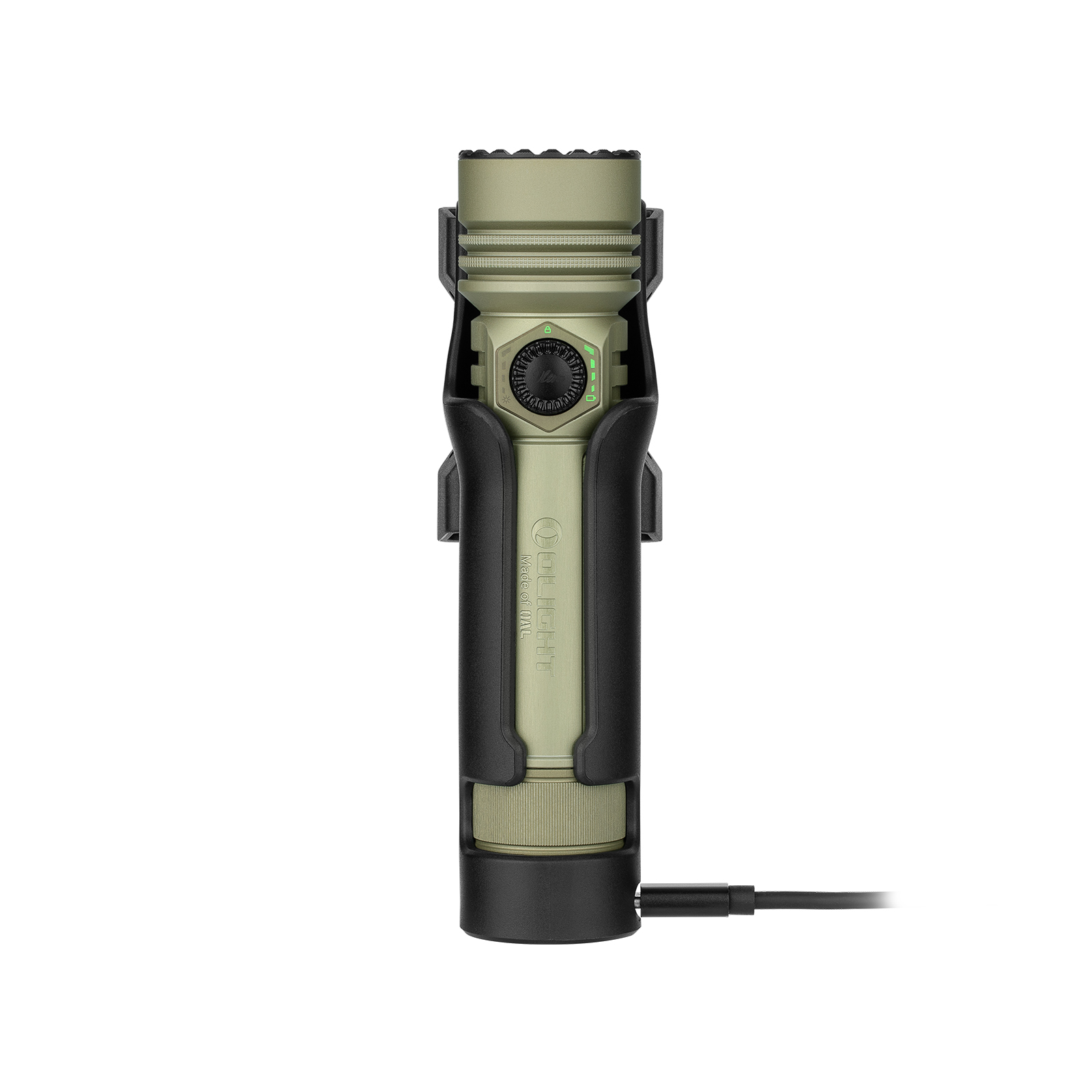 Olight OD Green Seeker Ultra Flashlight in Black Charging Holster with USB Cable Connected for Tactical and Outdoor Use