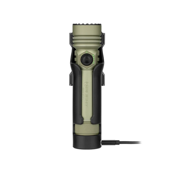 Olight OD Green Seeker Ultra Flashlight in Black Charging Holster with USB Cable Connected for Tactical and Outdoor Use