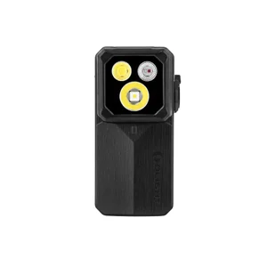 Olight compact black EDC flashlight featuring three LED light sources on a white background