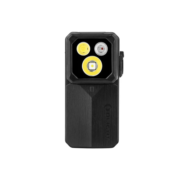 Olight compact black EDC flashlight featuring three LED light sources on a white background