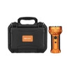 Olight orange high-performance tactical flashlight next to its durable black protective carrying case on white background