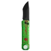 Green pocket knife with red blood splatter handle, black tanto blade, and built-in flashlight on black background