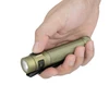 Olight Olive Green Baton 4 Pro Tactical Flashlight Held in Hand with Textured Body and Pocket Clip for Everyday Carry