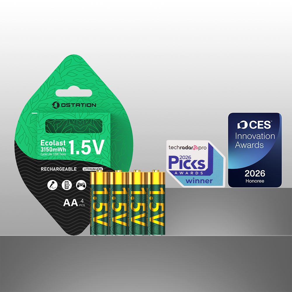 en
OSTATION Ecolast 3150mWh 1.5V rechargeable lithium-ion AA batteries, 4-pack, award winner.