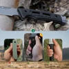 Comparison of knife handle materials showing slippery plastic vs ergonomic G10 Micarta and anti-slip rubber grips.