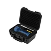 Blue Olight flashlight inside a black hard protective carrying case with custom foam padding on white background