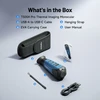 Topdon TS004 Pro thermal monocular, USB cable, hanging strap, EVA case, and user manual on a blue surface.