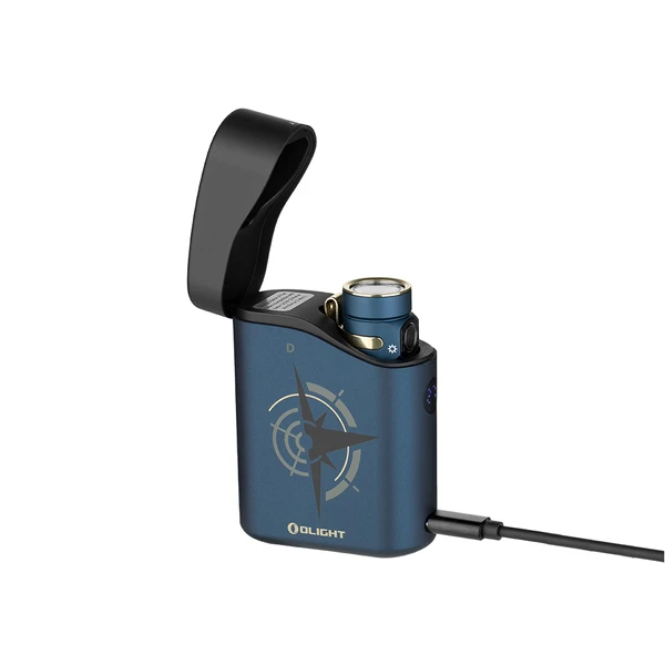 Olight Blue Baton 4 Premium Edition charging case with compass design, powerful rechargeable EDC flashlight system