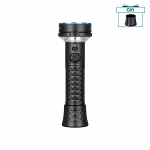 Black tactical LED flashlight with textured grip and blue bezel, shown with free charging dock gift box.