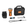 Olight orange Marauder Mini flashlight kit with hard carrying case, holster, charging cable, lanyard, and manual