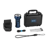Olight blue tactical flashlight kit with hard carrying case holster charging cable and user manual isolated on white