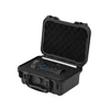 Heavy-duty black plastic case with a blue tactical flashlight and two small round batteries inside.