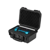 Blue flashlight in a rugged black case with foam interior, white background.
