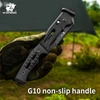 Gloved hand holding HX Outdoors folding tactical pocket knife featuring black textured G10 non-slip handle outdoors