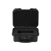 Open black hard case with custom foam insert for a flashlight or similar item, isolated.