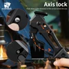 HX Outdoors folding camping axe featuring an axis lock mechanism with close-up views of the button release.