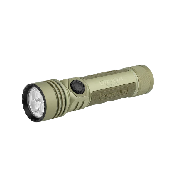 Olight OD Green Seeker Ultra Flashlight Studio Shot with Textured Grip and Rotary Switch for Outdoor Search and Rescue