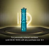 Olight 3E EOS flashlight, blue, with decorative white patterns, standing on a dark pedestal, golden background