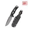 Tactical fixed blade survival knife with black textured handle and matching kydex sheath on white background