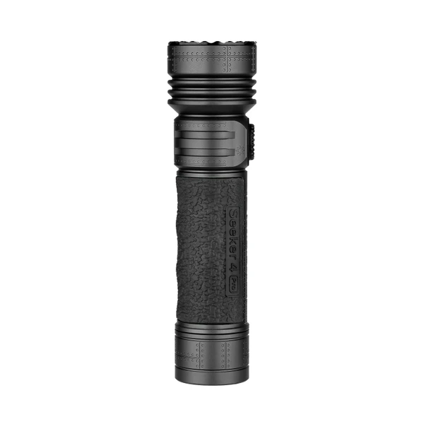 Black Seeker 4 Pro tactical flashlight with textured grip on white background