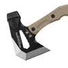 Tactical mercenaries axe featuring a black steel blade, integrated hammer head, and a textured tan G10 handle.