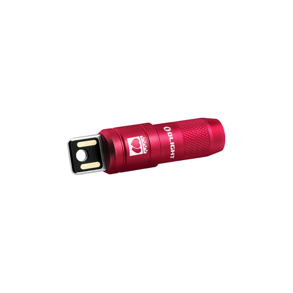 Olight Red Imini 2 Flashlight with textured body and heart graphic for Valentine's Day or gifting