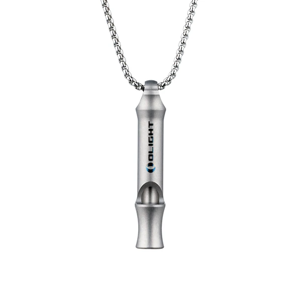 Olight titanium alloy survival whistle with chain, engraved Olight logo, for camping, hiking, safety.
