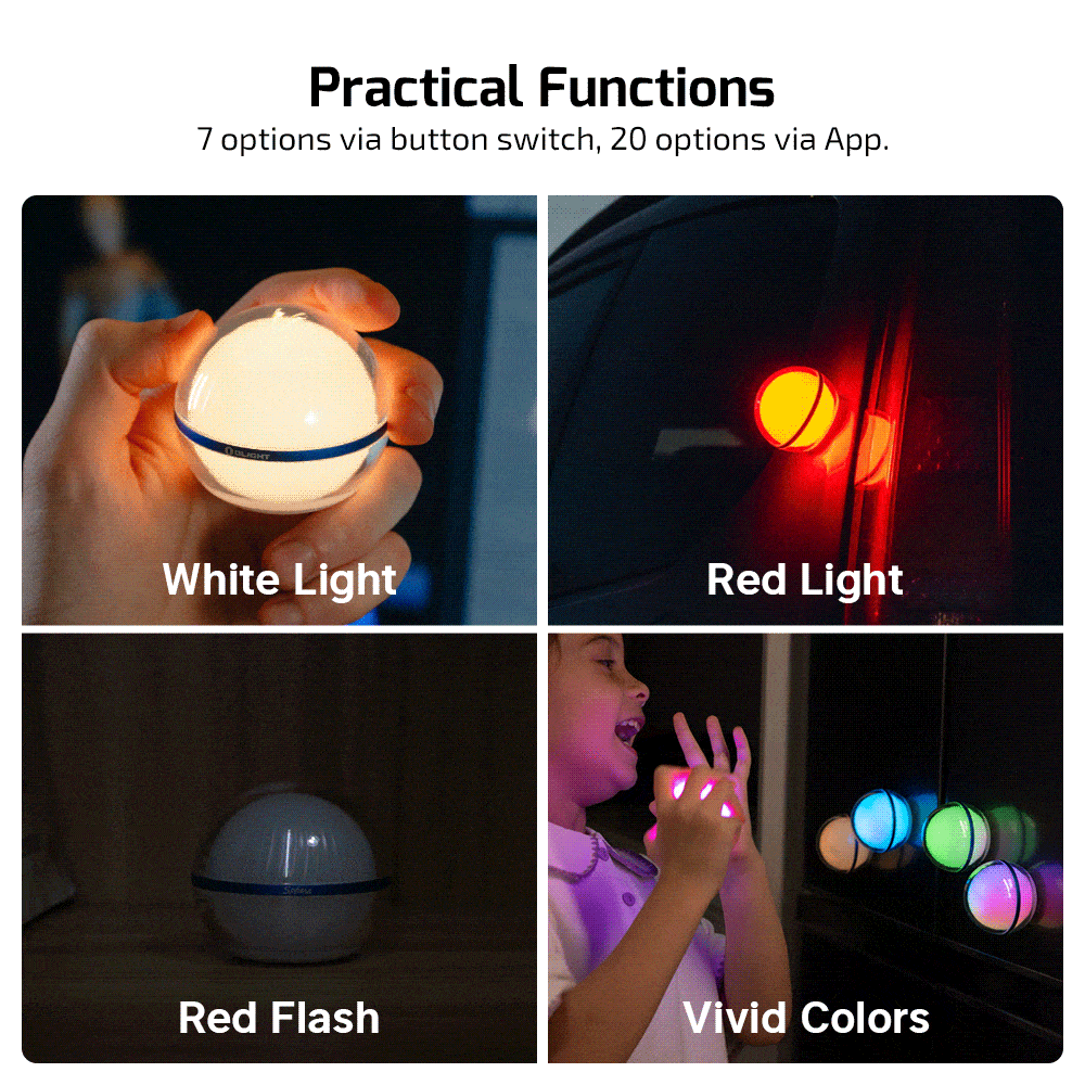 Hands holding white light, red light in car, red flashing light, child with colorful lights.