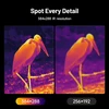 Thermal image resolution comparison of a stork, showing 384x288 versus 256x192 pixels.