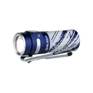 Olight Baton 4 Premium Edition Blue and White Flashlight Side View with Pocket Clip for Everyday Carry and Emergency Lighting