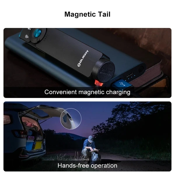 Magnetic tail flashlight charging and hands-free operation in dark outdoor setting