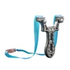 Professional metal slingshot with bright blue flat rubber band isolated on a white background