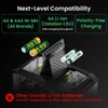 Battery charger compatibility for AA & AAA Ni-MH, AA Li-ion (Ostation 1.5V) with polarity-free charging.