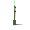 Green laser pointer pen charging in a dark green stand with a USB cable