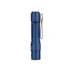 Matte blue tactical EDC flashlight with pocket clip and textured grip isolated on white background
