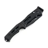 All-black tactical folding knife with a textured G10 handle, glass breaker, and safety lock on a white background