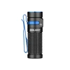 Olight Baton 4 Premium Edition flashlight, black with blue accents, side view, pocket clip, portable EDC light