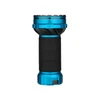 Blue high-power tactical flashlight with black textured grip and hot surface warning symbol, isolated on white background