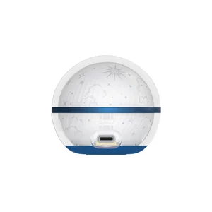 White Sphere C projector with starry sky, clouds, and sun design, blue base and trim, USB-C port, front view