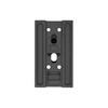 Black matte metal mounting adapter plate with multiple pre-drilled holes isolated on white background