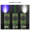 Versatile 3-in-1 EDC tool: UV light 900mW, green laser beam ≤0.39mW (Class 1), and white light 1,300 lumens.