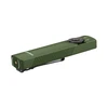 Olight Arkfeld green flashlight with flat body, unique square head, and clip.