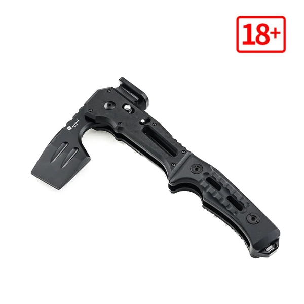 Black tactical folding pocket axe with a textured ergonomic handle isolated on a white background