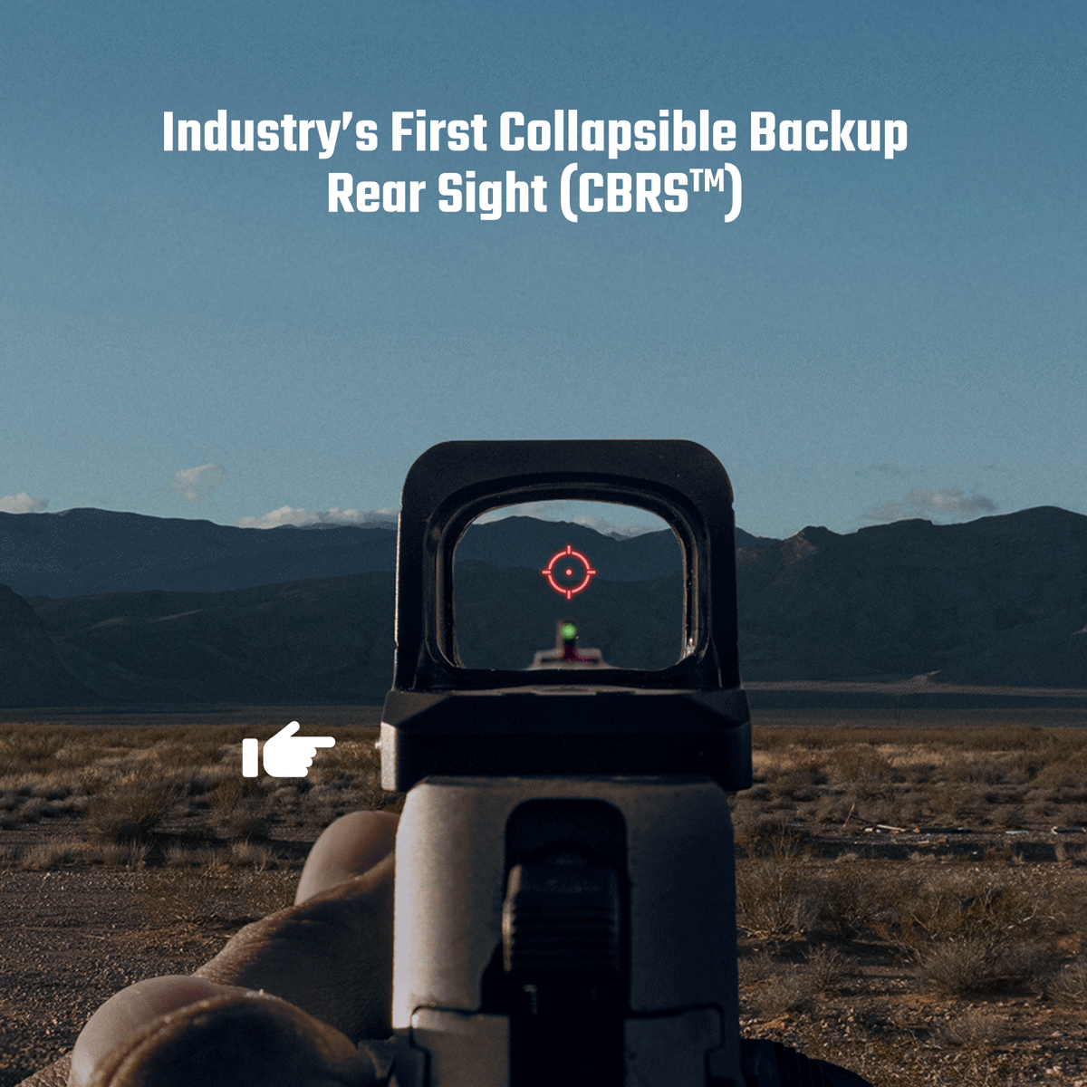 Collapsible Backup Rear Sight (CBRS™) on a firearm, aimed at a mountain landscape.