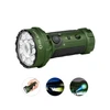 Green Olight Marauder Mini flashlight for outdoor activities, close-up with contextual use images.