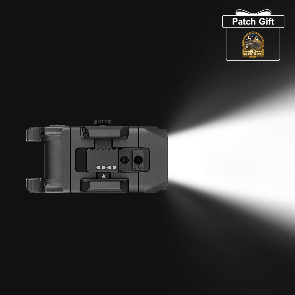 Olight Black PL X weapon light emitting a strong beam, showing battery indicator for tactical operations and illumination.